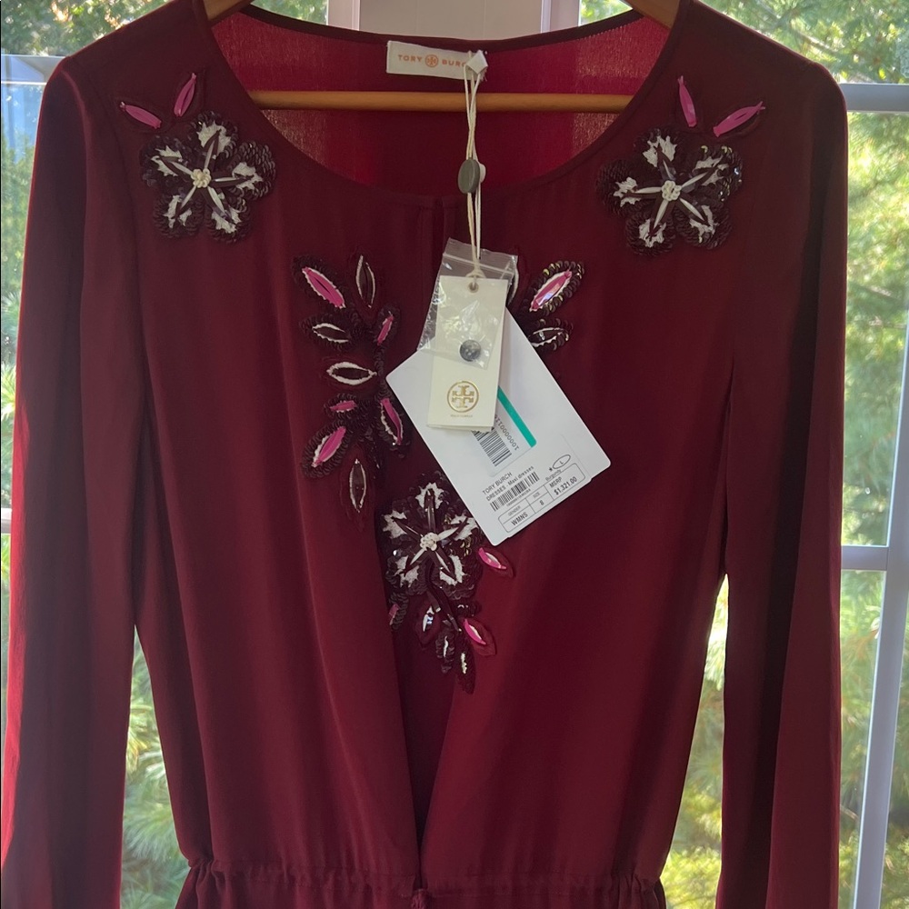 Tory Burch Michaela Caftan Silk Burgundy  With Sequin Flowers Dress